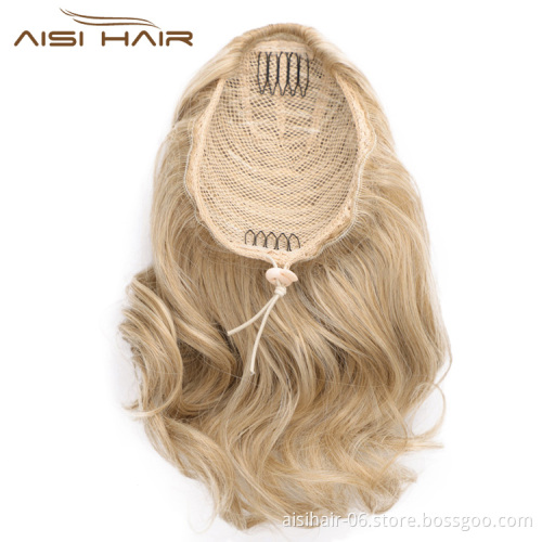 Aisi Hair Heat Resistant Synthetic Fiber Drawstring Ponytail Wrap Hairpieces Big Wave Short Ponytail Hair Extensions